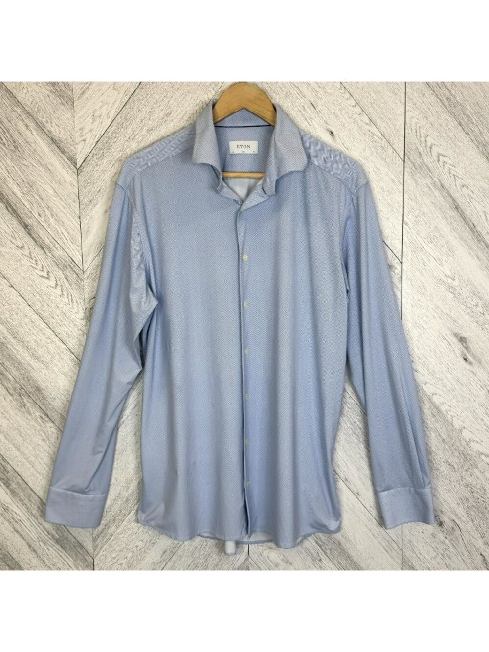 Eton Performance Stretch Dress Shirt Mens Size 44 Slim 17.5 Blue Herringbone